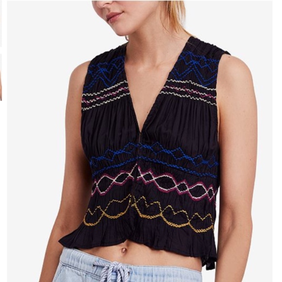 NWT Free People Ruched Embroidered Top L - Picture 1 of 2